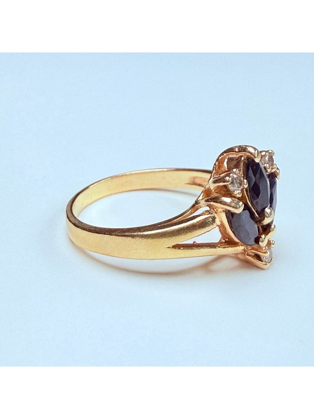 10K Solid Yellow Gold Blue Sapphire & Natural Diamond Cocktail Vintage Ring - Picture 4 of 11